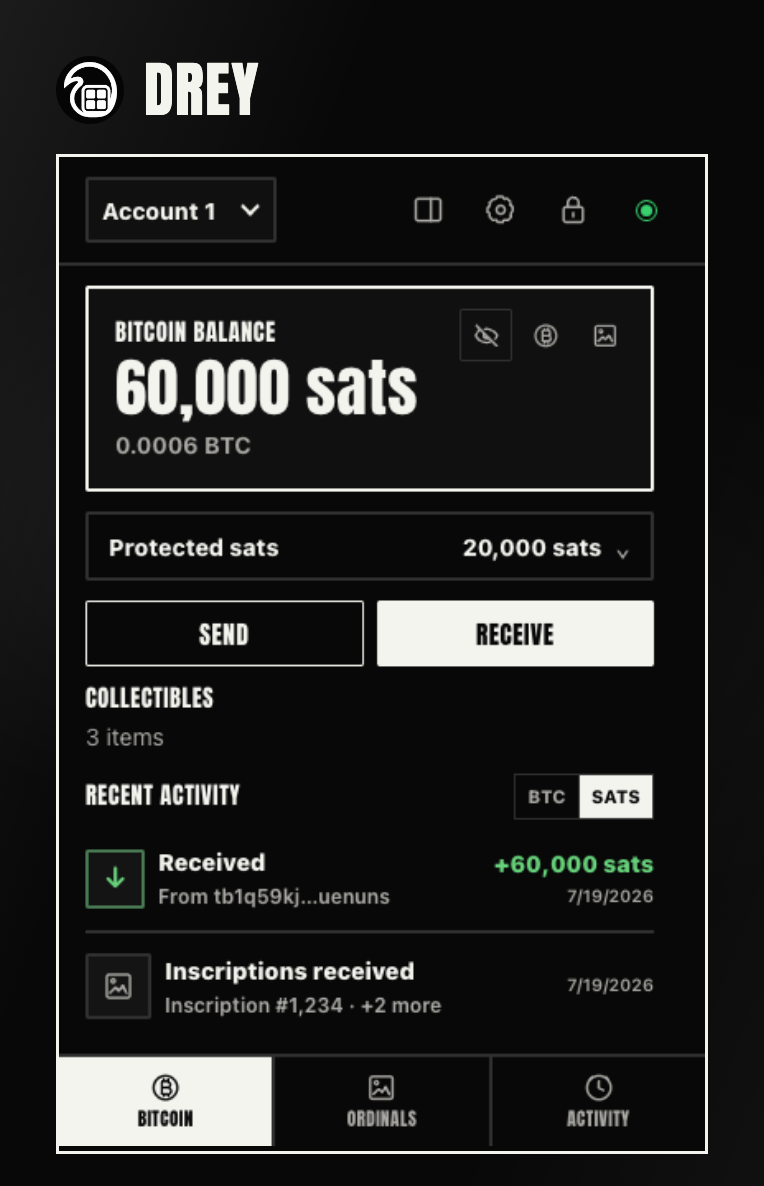 DREY wallet home showing available Bitcoin and protected sats