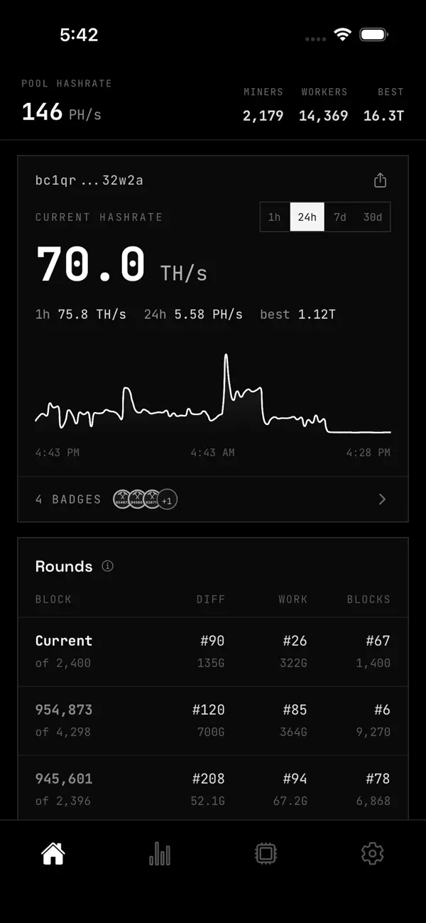 ParaApp dashboard showing mining hashrate and worker statistics