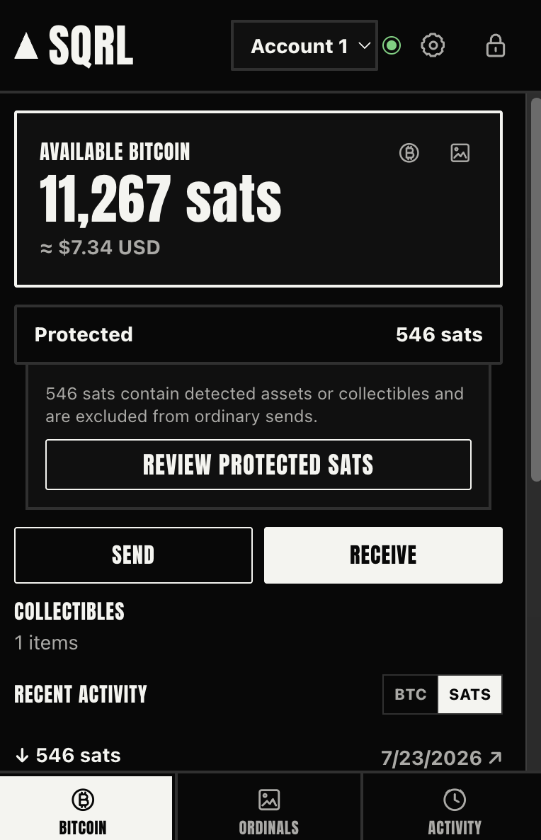 SQRL wallet home showing available Bitcoin and protected sats